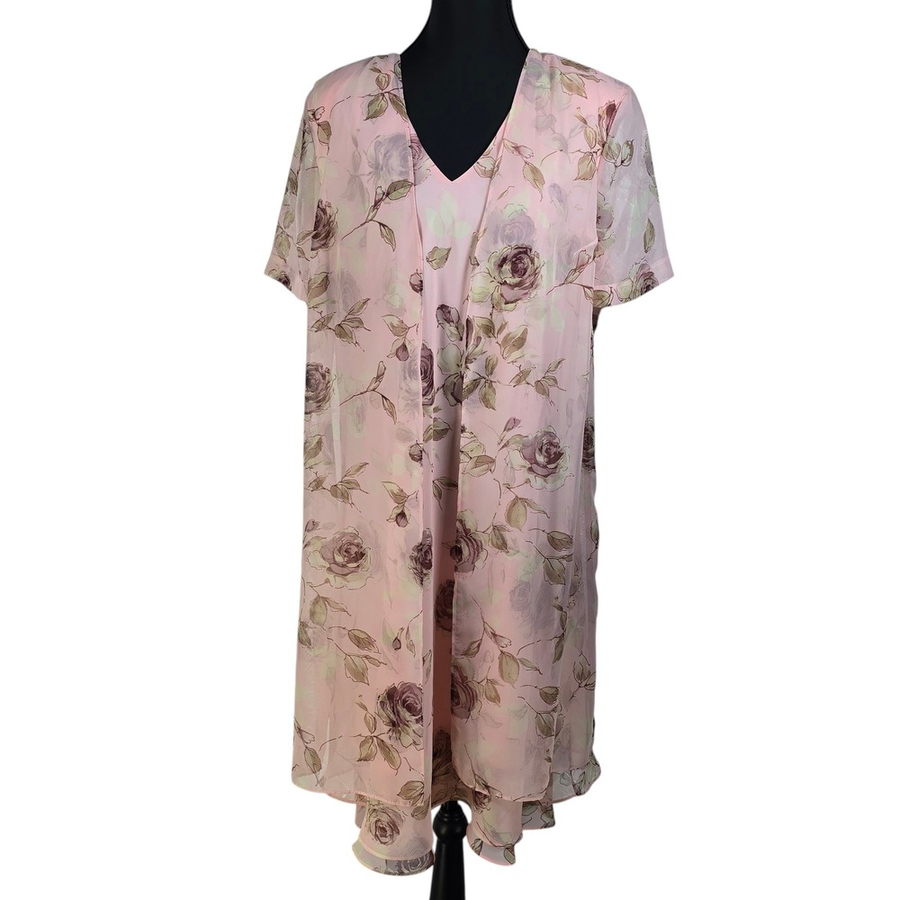 Vintage Just In‎ Thyme Ltd Pink Floral Chiffon Dress Women 18 Rose Print Layered